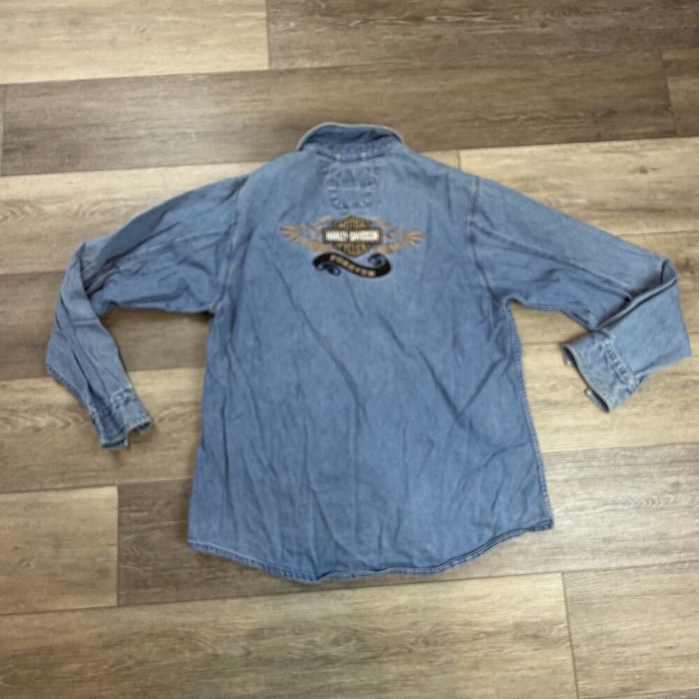 Vintage Harley-Davidson Shirt Mens XL Blue Denim Snap Front Long Sleeve Biker